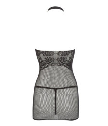 Petite robe en résille noire, sans couture, avec dentelle sur la poitrine. String assorti 